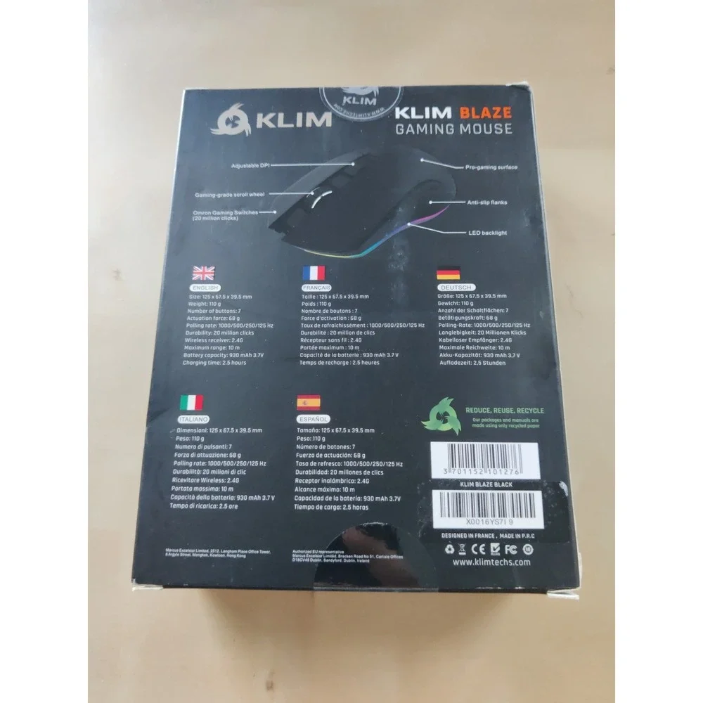 KLIM Blaze High-Precision Wireless Gaming Mouse, USB & 2.4GHz, 7-Button - New